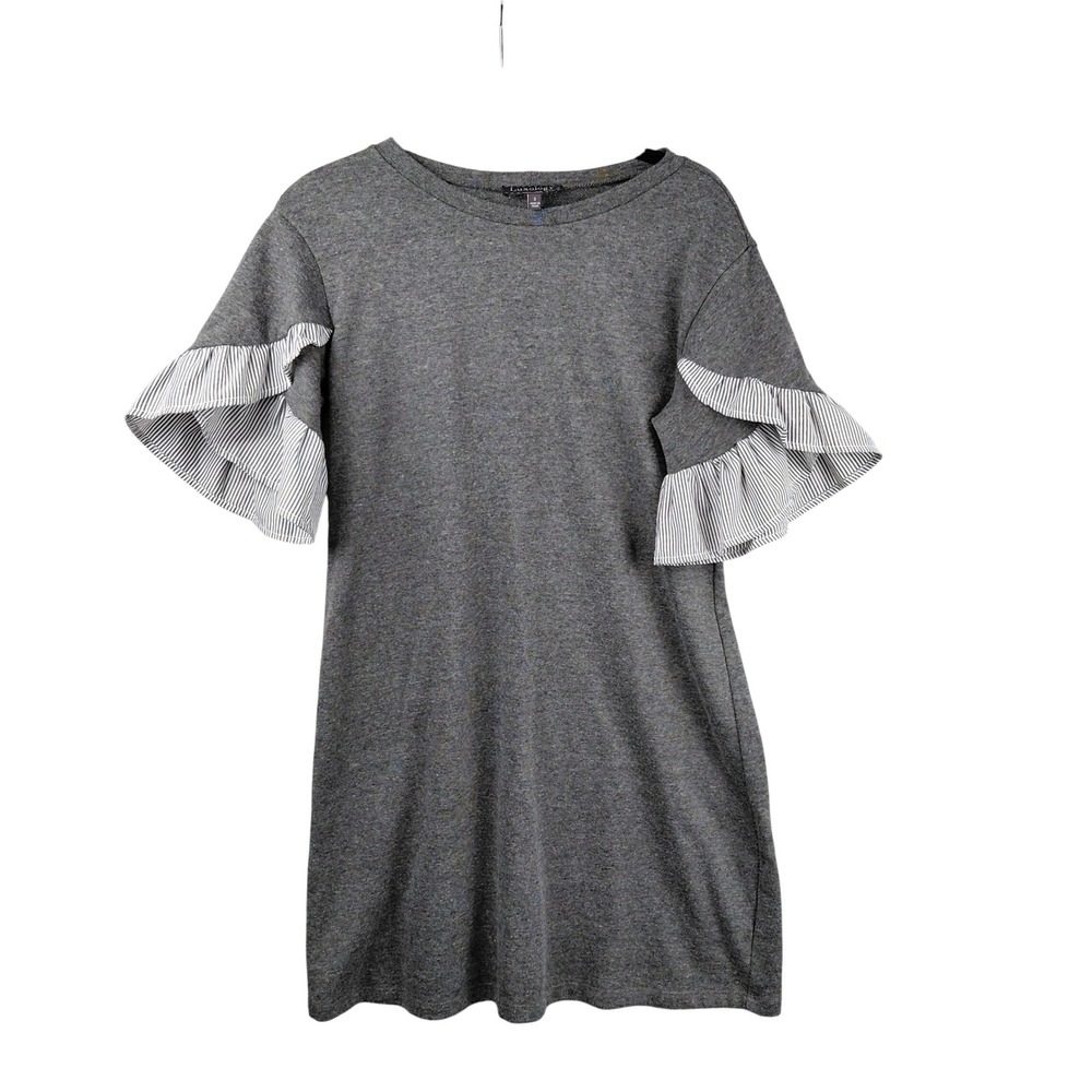 Luxology Womens Gray Knit Ruffle Pinstripe Sleeve Shift Dress Y6476560 Small